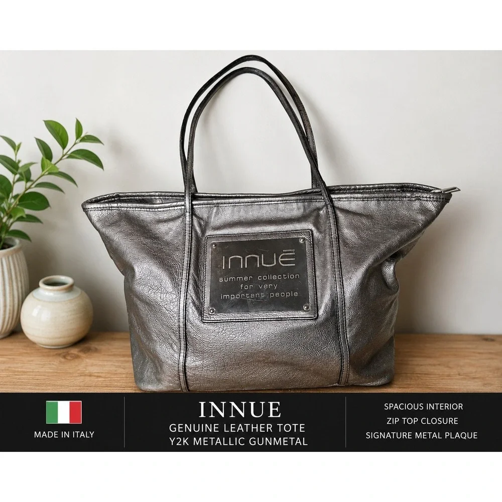 Innue Metallic Gunmetal Leather Tote Bag Made in Italy Y2K Large Shoulder Purse